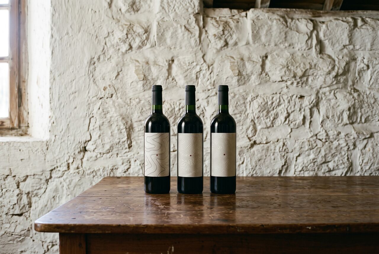 The estate's three wines on an old wooden table against a whitewashed stone wall