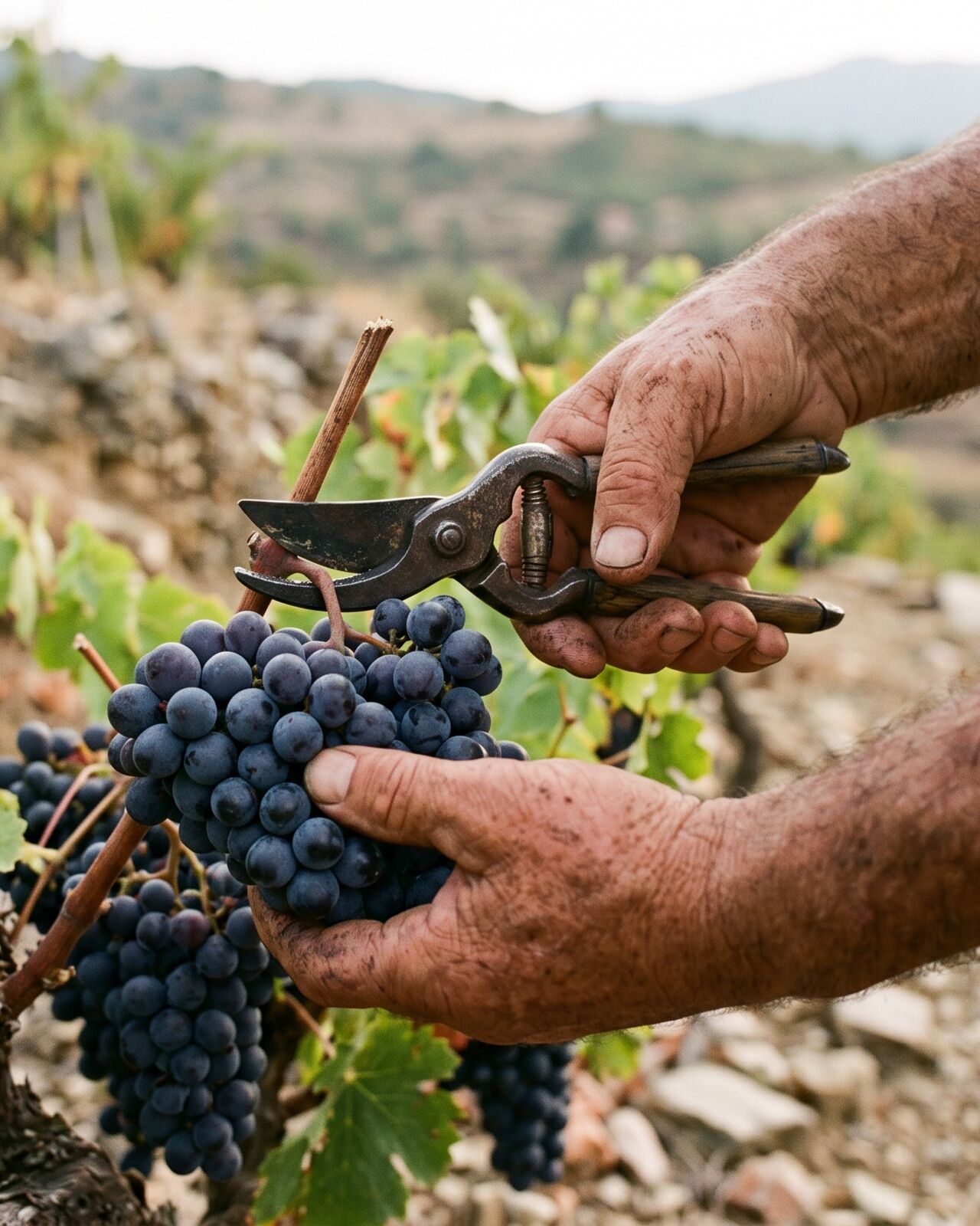 Weathered hands cutting a bunch of dark grapes with old secateurs on a stony vineyard slope