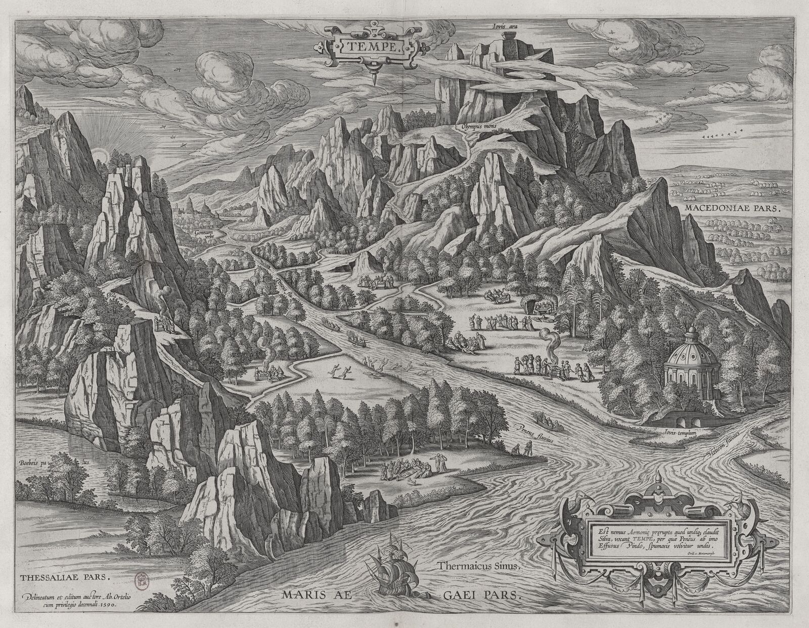 Abraham Ortelius's 1590 engraving of the vale of Tempe: the Peneus river winding between cliffs, Mount Olympus labelled above, a temple in a wooded valley